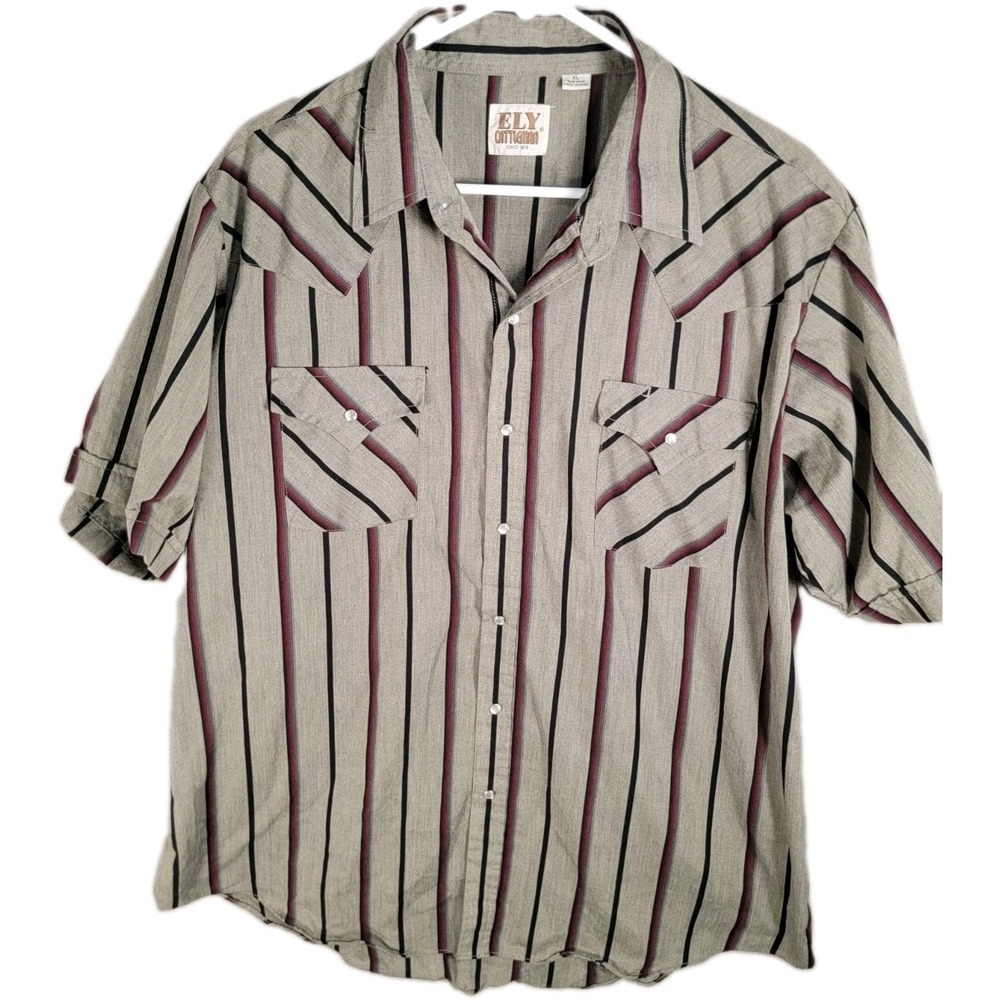 Vintage Ely Cattleman Shirt Mens XL Gray Stripe Pearl Snap Short Sleeve Western
